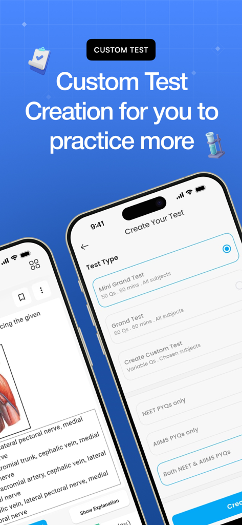 Reflex - NEET PG Preparation - Reflex app screen showing options to create custom tests for NEET PG preparation