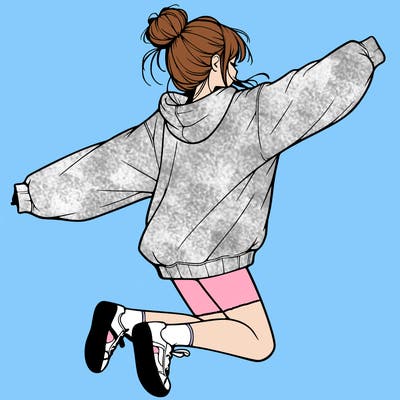 realistic girl jumping with a bun and oversized sweatshirt