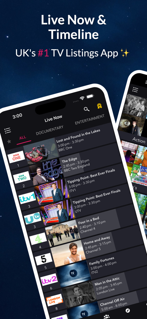 UK TV Guide - UK TV Listings - Mobile app screenshot showing live TV listings for major UK channels like BBC and ITV.