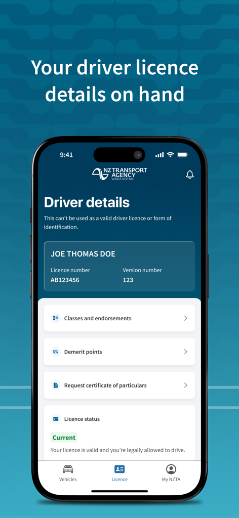 NZTA Waka Kotahi app showing driver licence details including licence number and current status
