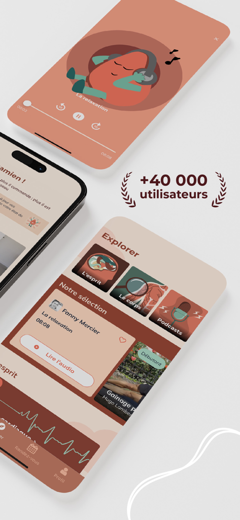 Andrew® - mobilité santé - Interfaz de la aplicación Andrew que muestra módulos de bienestar para la mente, el cuerpo y podcasts de relajación