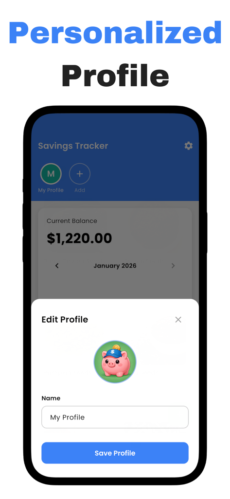 Savings Tracker - Savekit - Écran de l'application Savekit montrant la section d'édition du profil avec un avatar de tirelire et un solde actuel de 1220 dollars.
