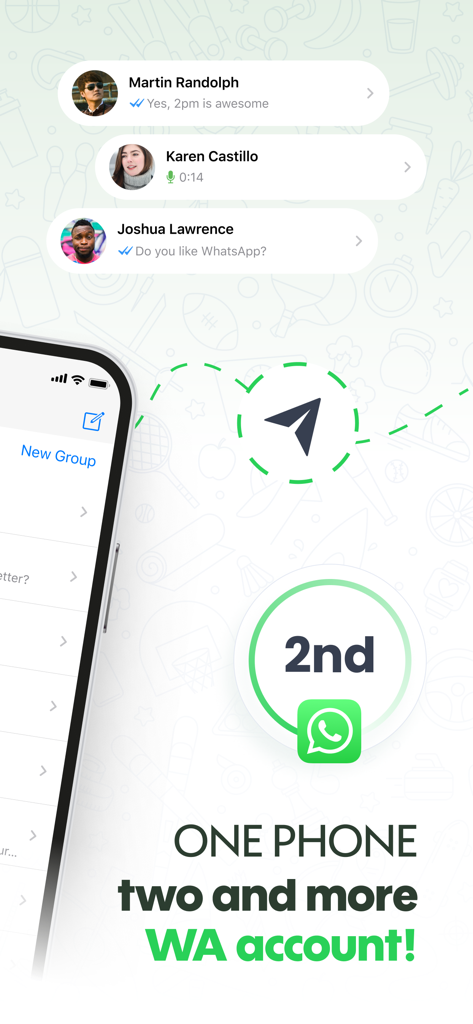 Dual Messenger app interface showing multiple WhatsApp accounts on one iPhone