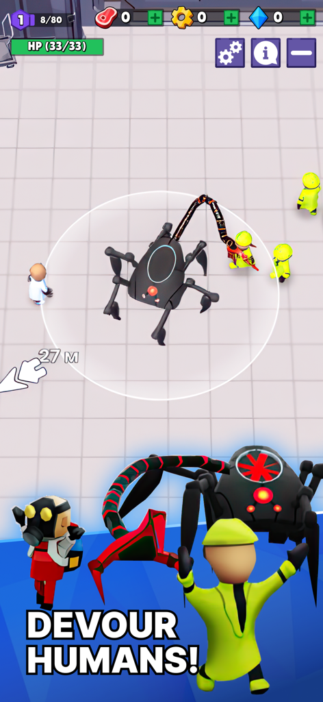 Robot Revenge - Idle Arcade - A black mechanical spider robot capturing and devouring human characters within its interaction radius in the Robot Revenge idle arcade game.