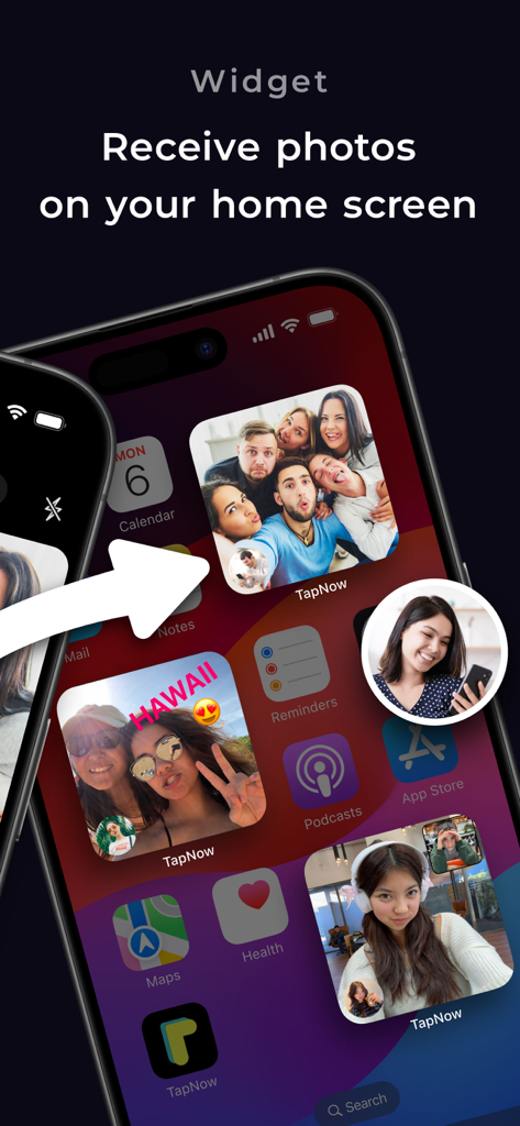 여러 TapNow 위젯과 친구들의 라이브 사진이 표시된 iPhone 홈 화면