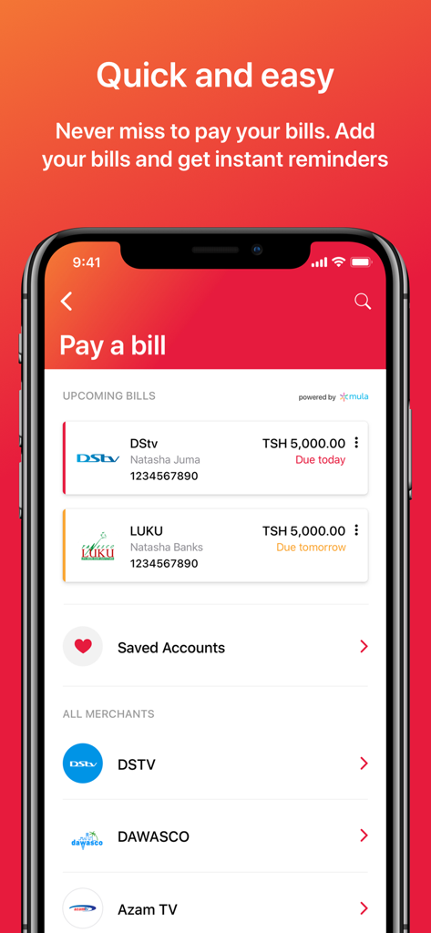 DTB Tanzania 24/7 - DTB Tanzania mobile banking app screen for paying utility bills like DStv and LUKU