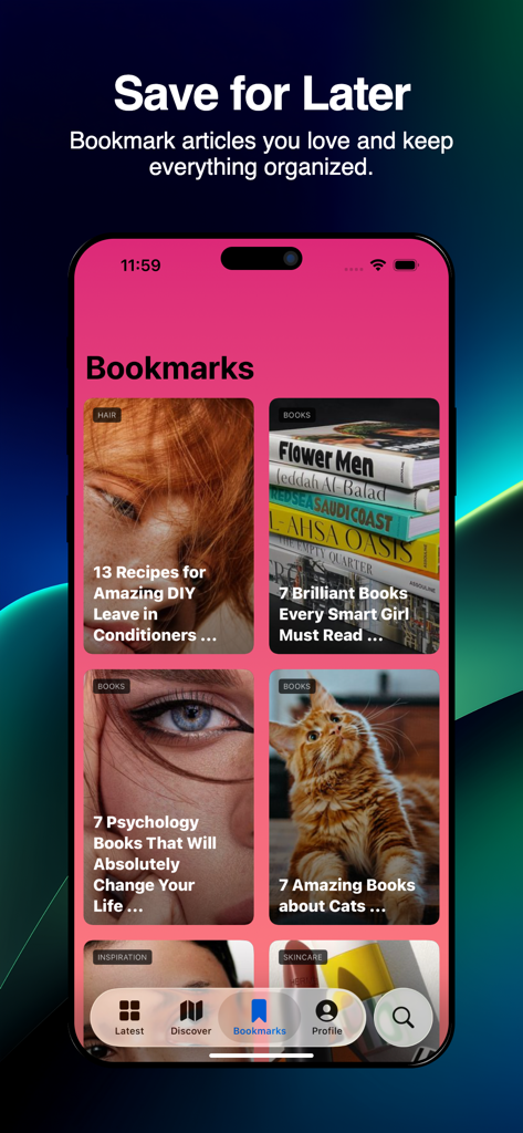Allwomenstalk - The Bookmarks screen of the Allwomenstalk app displaying a grid of saved lifestyle articles on beauty books and wellness