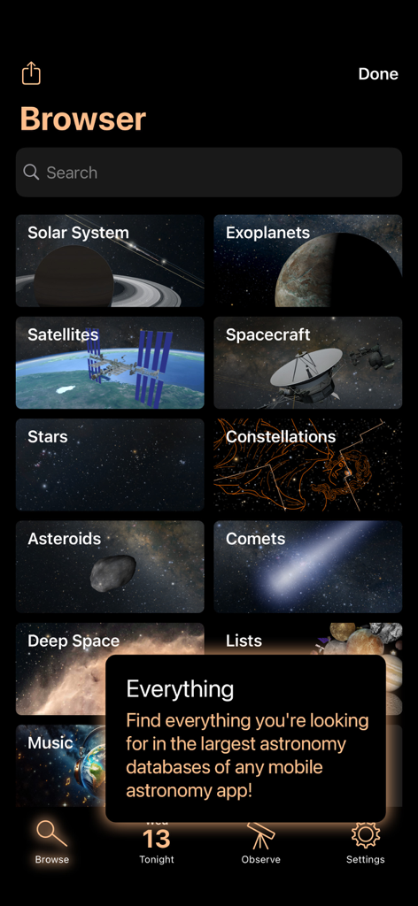 Luminos Pro - Luminos Proアプリのブラウザ画面には、太陽系や系外惑星を含むさまざまな天文学カテゴリが表示されています。