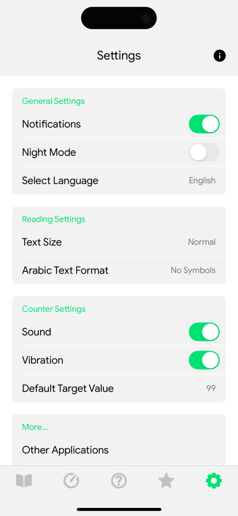 The settings screen of the Asmaul Husna app showing customization options for notifications reading and counter preferences