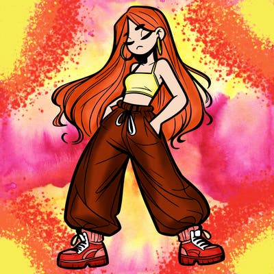 girl in baggy pants crop top and long hair
