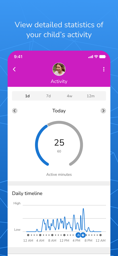 Garmin Jr app interface showing a childs daily active minutes and activity timeline graph