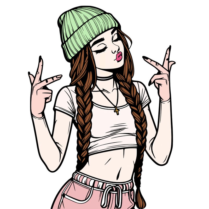 realistic teenage girl with braids and a beanie and crop top doing 🫶🏼