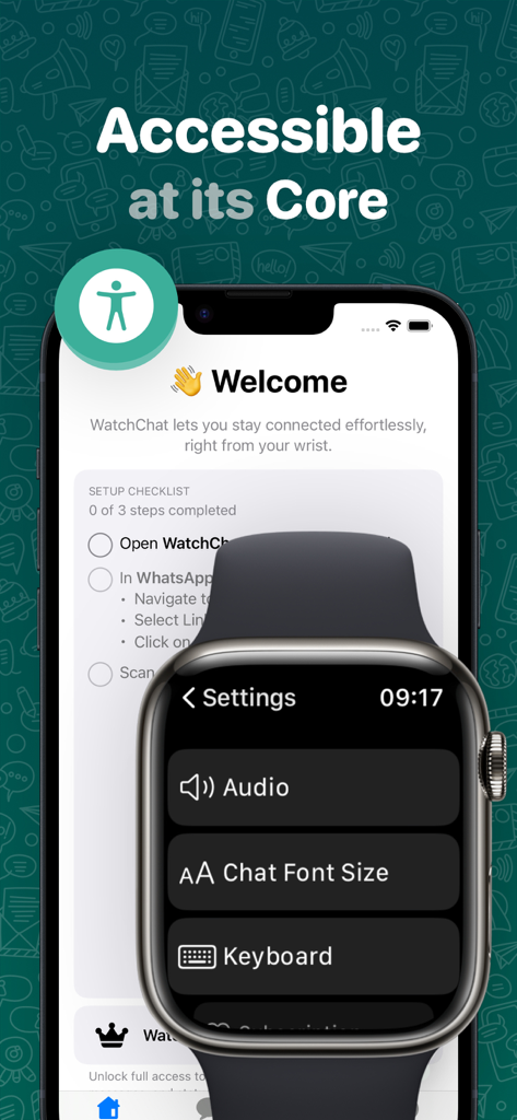 Apple Watch上のアクセシビリティ設定とiPhoneセットアップ画面を表示するWatchChat 2アプリインターフェイス