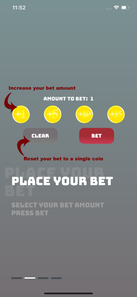 Spin 2 Win - Social Gambling - 토큰으로 베팅 금액을 늘리는 옵션과 명확한 버튼을 보여주는 Spin 2 Win의 튜토리얼 화면.