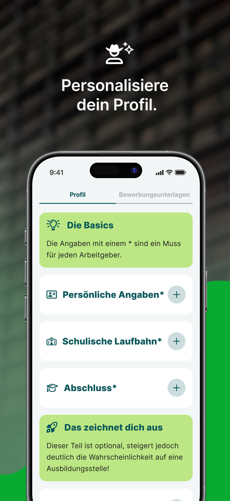 Azubiyo – Ausbildung per Swipe - Azubiyo app profile setup screen for apprenticeship applications