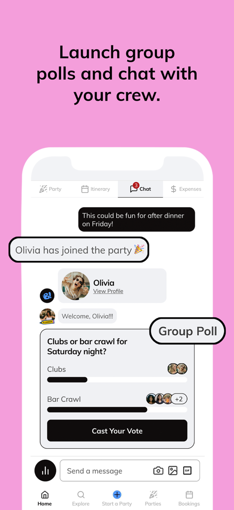 A mobile app screen showing a group chat interface with a poll for party planning and voting on activities like clubs or bar crawls.