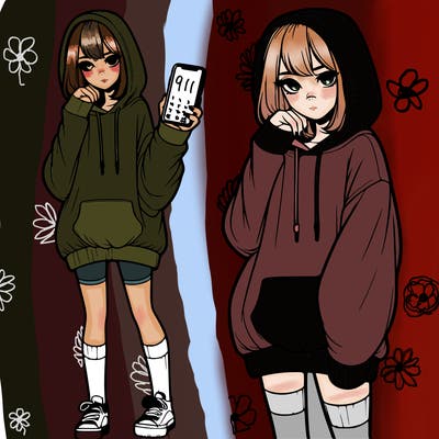 realistic girl who looks tired and is wearing an oversized hoodie and knee high socks and is holding a phone