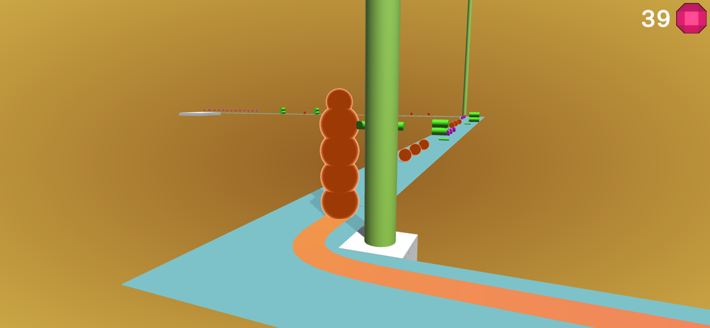NET RATERODEN - NET RATERODENというゲームで、青いコースを緑の障害物をかわしながら進む茶色い球体のスタック