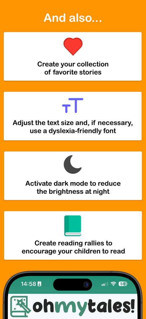 Oh My Tales - Bedtime stories - Interfaz de la aplicación Oh My Tales que muestra funciones como fuente amigable para la dislexia, modo oscuro y colecciones de cuentos favoritos