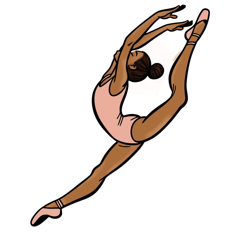 gymnast doing a leap in a leotard with a bent back leg