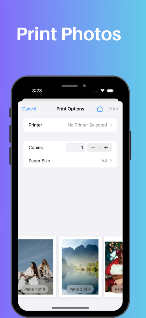 iPhone display showing Print Options menu and photo gallery in the Printer App.