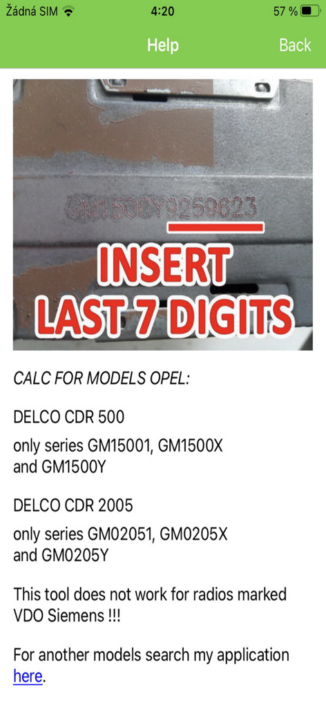 Instruction screen showing where to find the 7-digit serial number on an Opel Delco radio