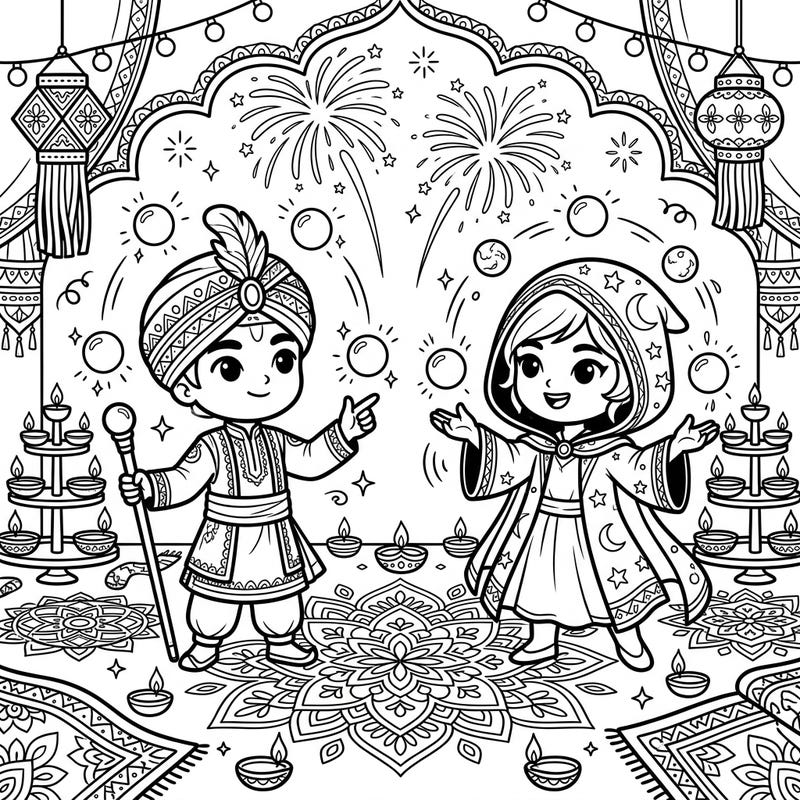Enter a world where magic meets tradition with our Diwali Illusionists coloring page. This delightful design features two chibi characters performing enchanting tricks amidst the joyous celebration of the Festival of Lights.