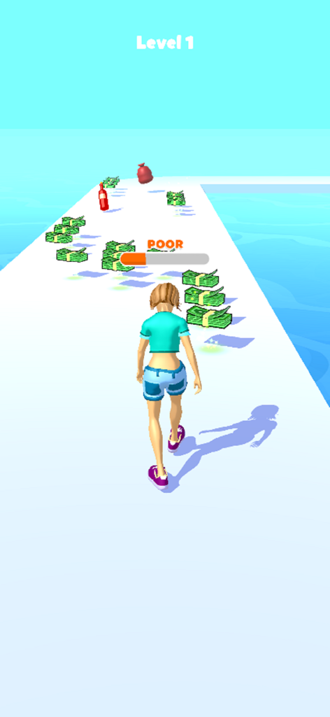 Jugabilidad de Run Rich 3D que muestra a un personaje recogiendo fajos de dinero en una pista