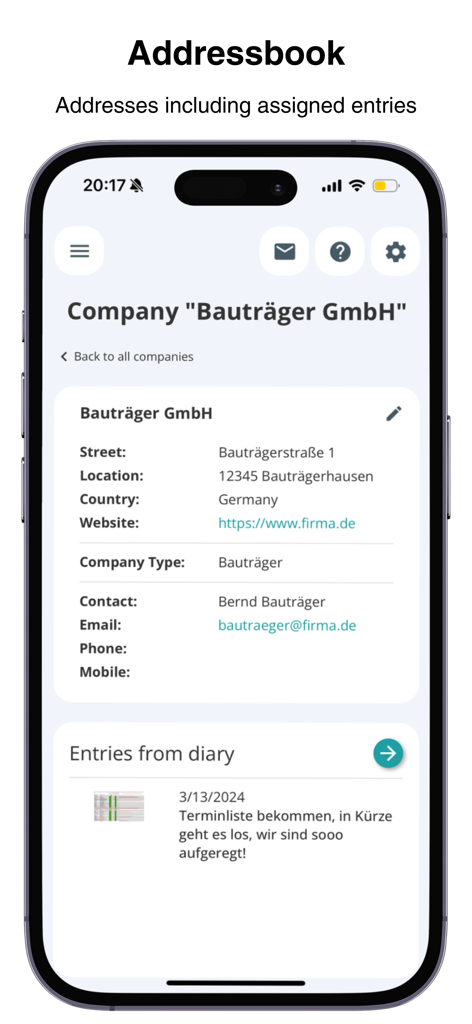 POCASIO House Building Manager - POCASIO app address book interface showing construction company contact details and linked project diary entries