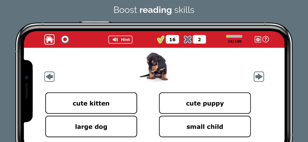 Language Therapy 4-in-1 - Smartphone screen showing the Language Therapy app with a reading exercise matching the phrase cute puppy to a photo of a dog