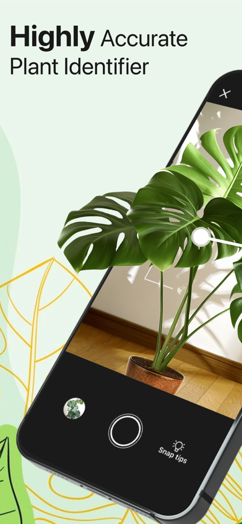 Ai Plant Identifier Tree Weed - Una pantalla de smartphone que muestra la aplicación AI Plant Identifier escaneando una planta de interior Monstera