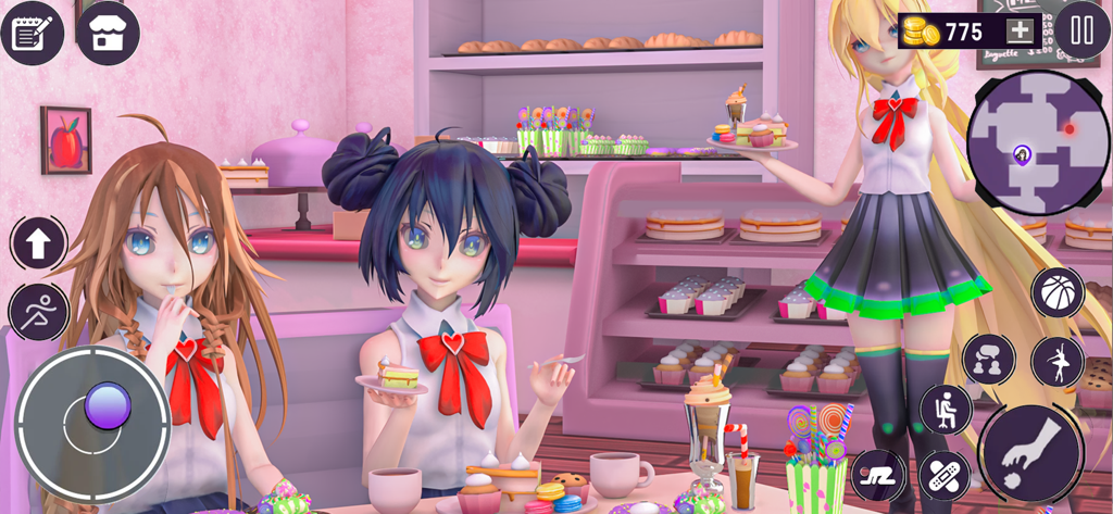 Anime High School Girl Sim - Three anime high school girls enjoying sweets in a pink cafe setting