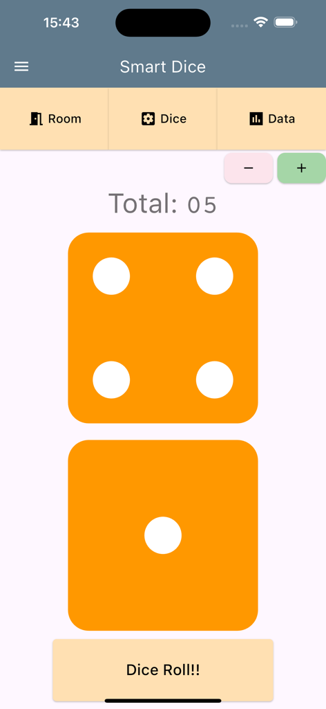 Smart Dice - Simple & Powerful - Smart Dice app interface showing two orange virtual dice with a total roll count of five