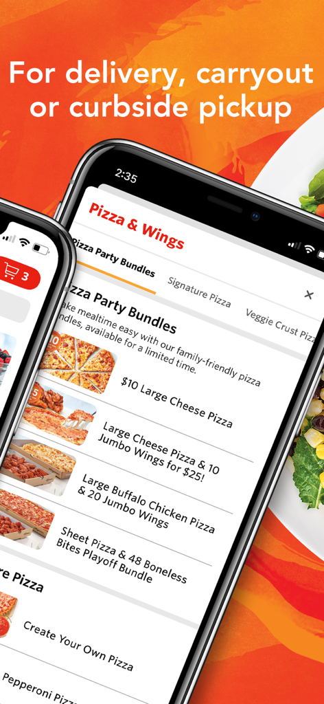 Wegmans Meals 2GO app interface showing pizza party bundles and wings menu for delivery or pickup