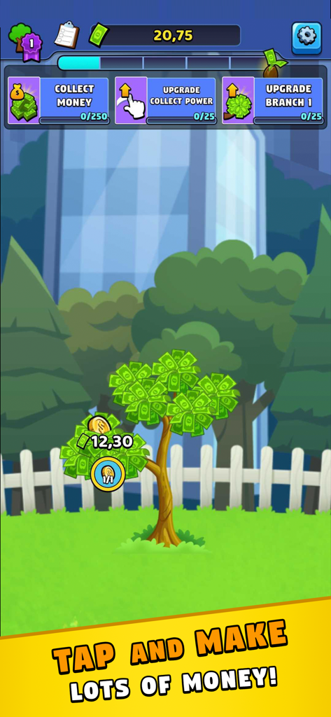 Money Tree 2: Business Tycoon - Gameplay of Money Tree 2 showing a tree with dollar bill leaves and upgrade options