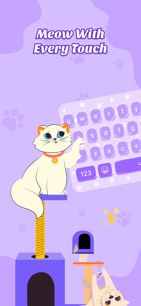 Cat Keyboard - Cute Kitty Skin - Un gato blanco de dibujos animados sentado en una torre de gatos morada junto a una linda skin de teclado de gatito.