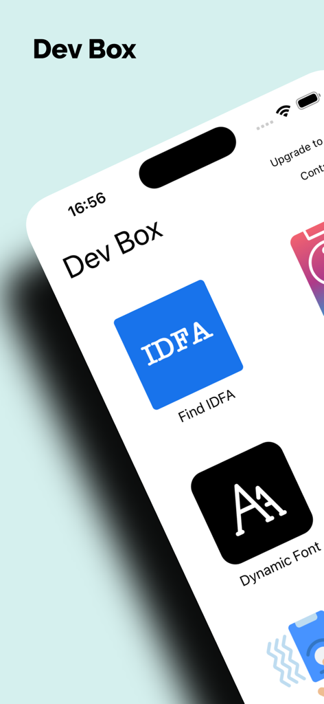 DevBox - Toolbox for Developer - Menu principal do aplicativo DevBox exibindo ícones para o localizador de IDFA e ferramentas de fontes dinâmicas