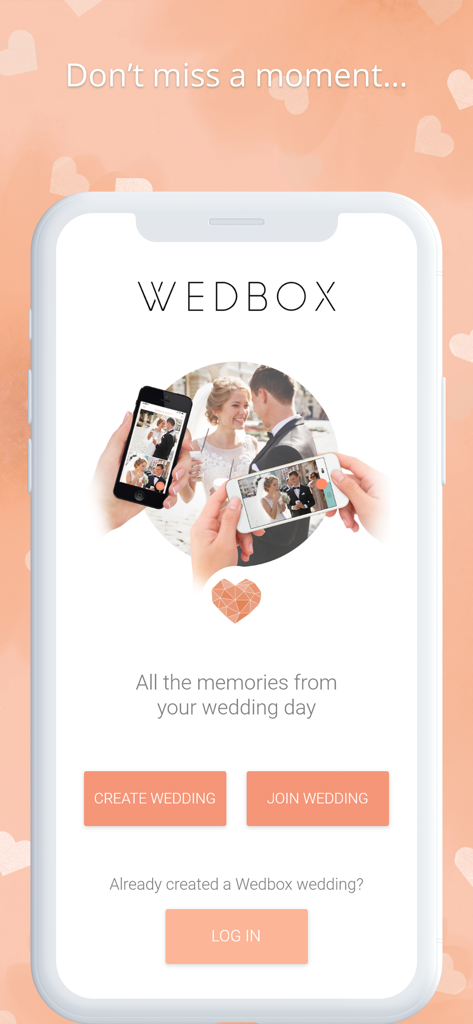 Wedding photo app by Wedbox - Wedbox wedding photo app home screen showing buttons to create or join a wedding album