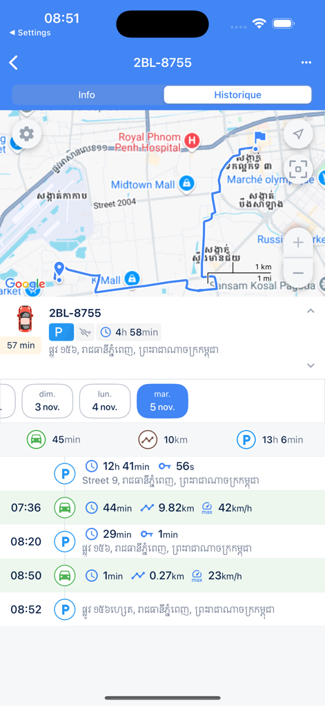 Europe Track - Europe Track GPS app interface showing vehicle route map and travel history timeline