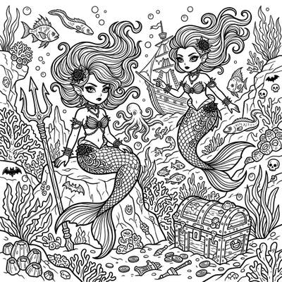 Unleash your creativity with this stunning coloring page featuring two mysterious dark mermaids in a captivating full underwater scene. Explore a world filled with sunken ships, hidden treasures, and aquatic life awaiting your personal touch.
