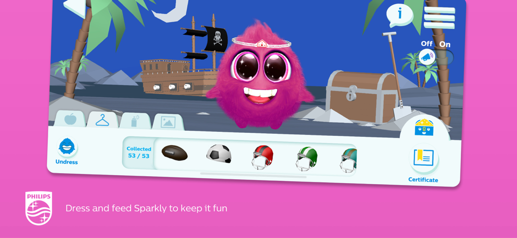 O personagem Sparkly usando uma tiara em um jogo de vestir com tema de pirata do aplicativo Philips Sonicare For Kids