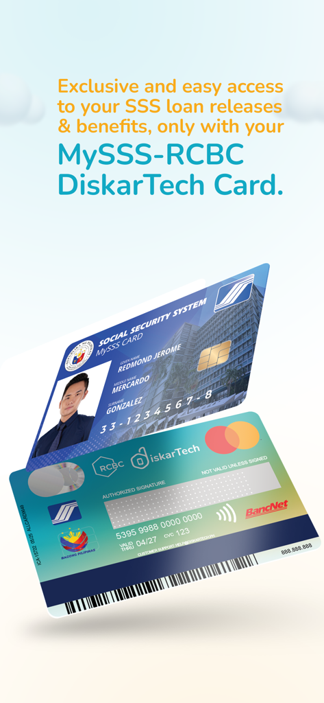 RCBC DiskarTech and SSS cards showing access to loan releases and benefits