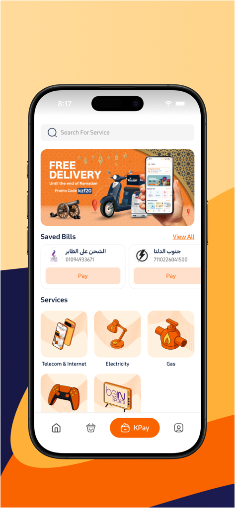 Kazyon Plus - The KPay section of the Kazyon Plus app showing options for paying electricity, gas, and telecom bills.