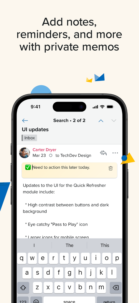 Fastmail – Email & Calendar - Fastmail mobile app showing the private memos feature for adding notes and reminders to emails.