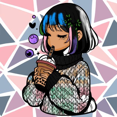 manga girl drinking boba in cozy sweater