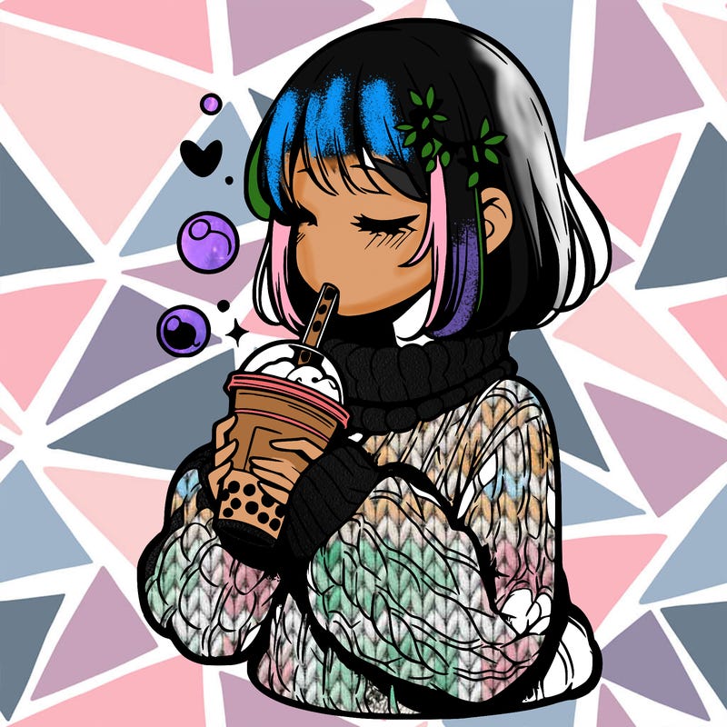 manga girl drinking boba in cozy sweater