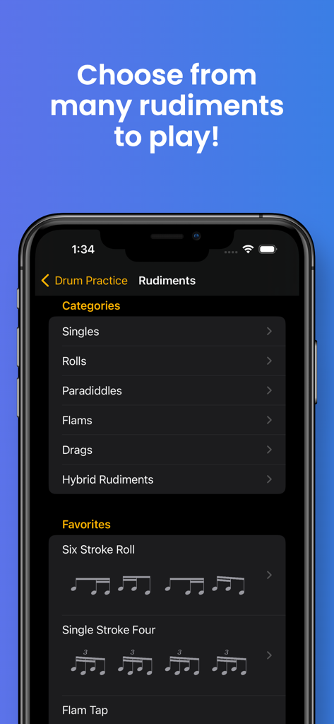 Pantalla de la aplicación móvil que muestra varias categorías de rudimentos de batería y notación musical para practicar