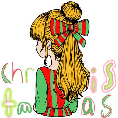 realistic girl  with hip length hair a bun and a big bow on the back of head