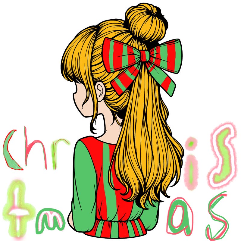 realistic girl  with hip length hair a bun and a big bow on the back of head