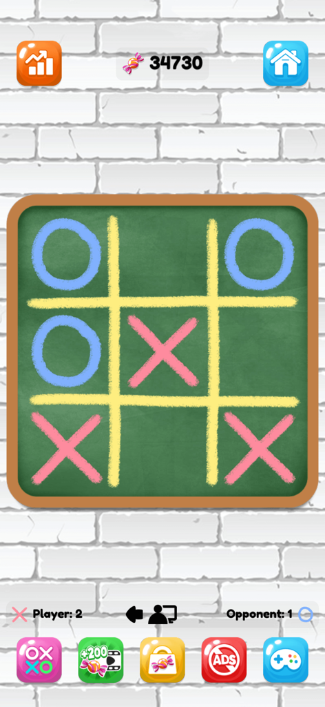 Tic Tac Toe: XOXO - Tic Tac Toe game interface featuring a green chalkboard theme with chalk drawn X and O symbols